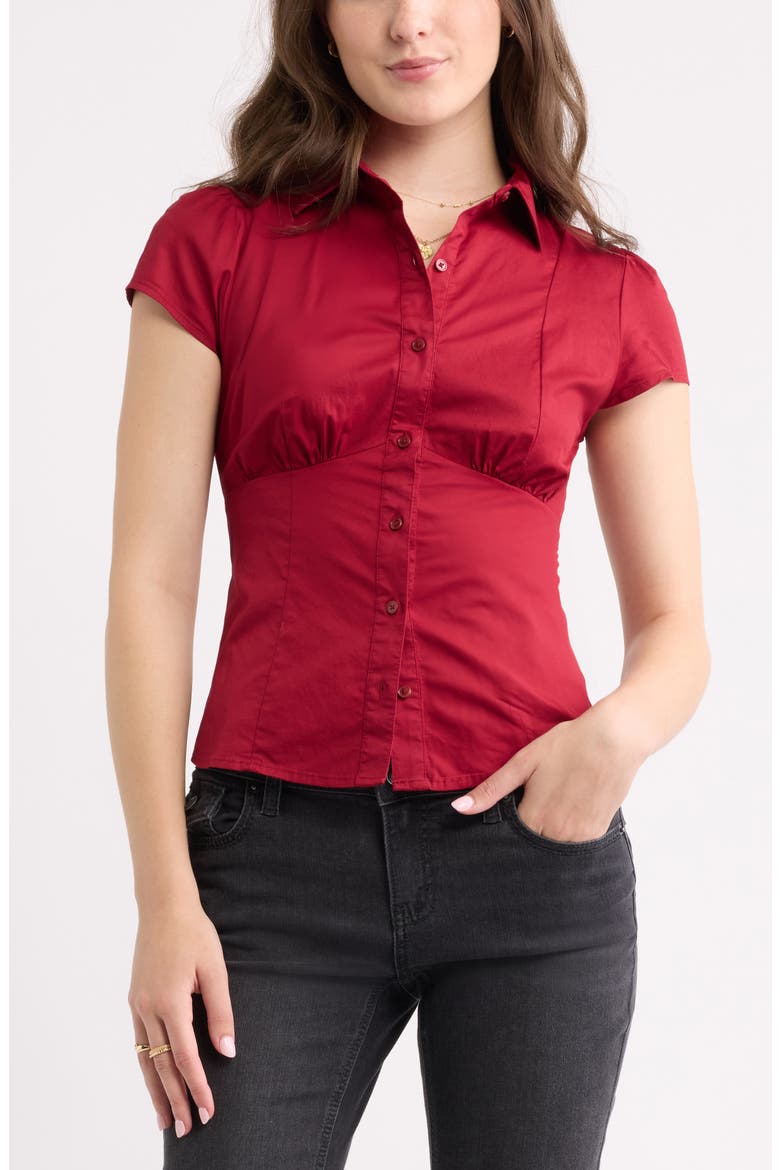 Ruched Empire Waist Button Shirt, Main, color, RED CINDER