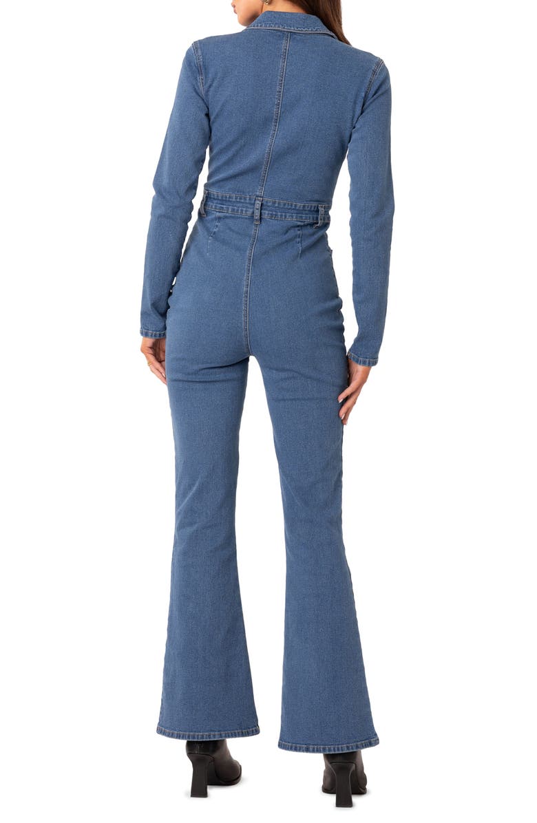 EDIKTED Zip Front Long Sleeve Flare Leg Denim Jumpsuit, Alternate, color,