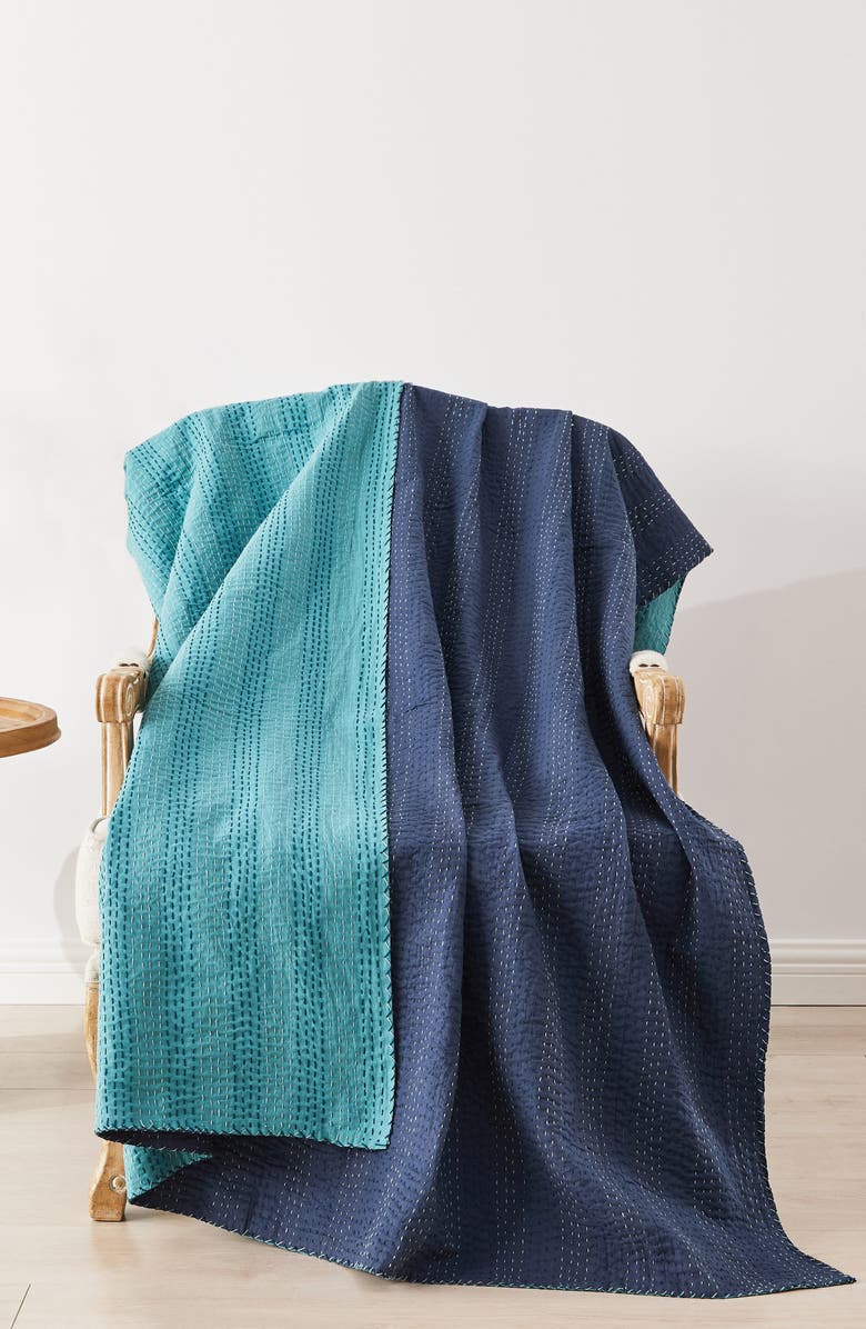 MELANGE HOME Kantha Reversible Cotton Throw Blanket, Alternate, color, Navy And Teal