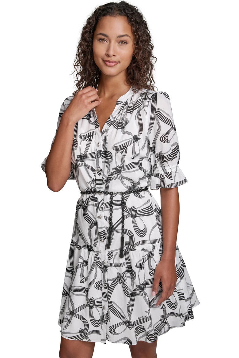 Ribbon Print Belted Cotton Shirtdress, Alternate, color, SOFT WHITE/ BLACK MULTI
