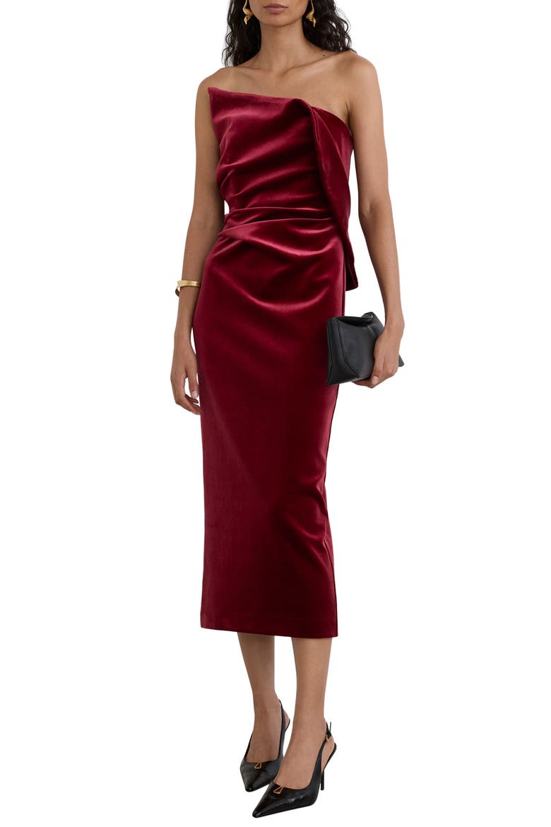 Dasha Strapless Velvet Midi Dress, Main, color, RED