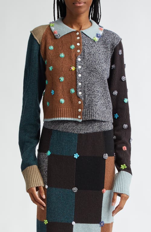 YanYan Embellished Colorblock Lambswool Cardigan in Brown Multi 