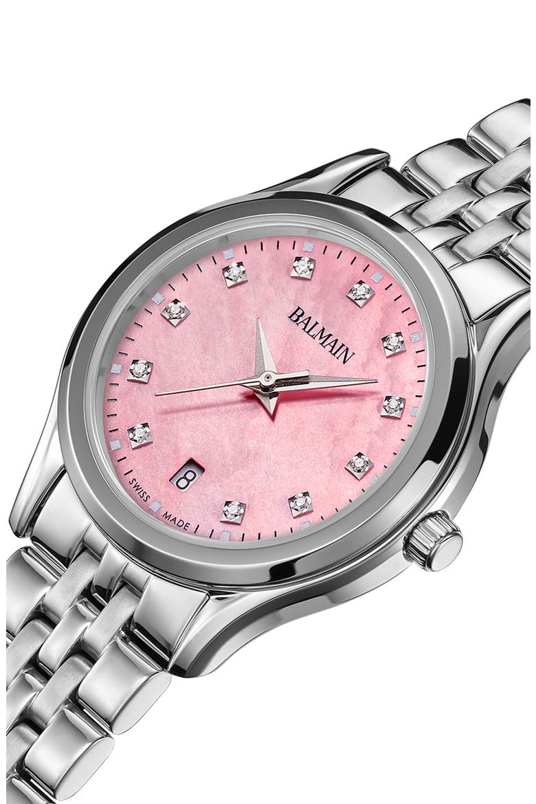 Beleganza Diamond & Mother-of-Pearl Bracelet Watch, 27.5mm, Alternate, color, PINK MOP STAINLESS STEEL