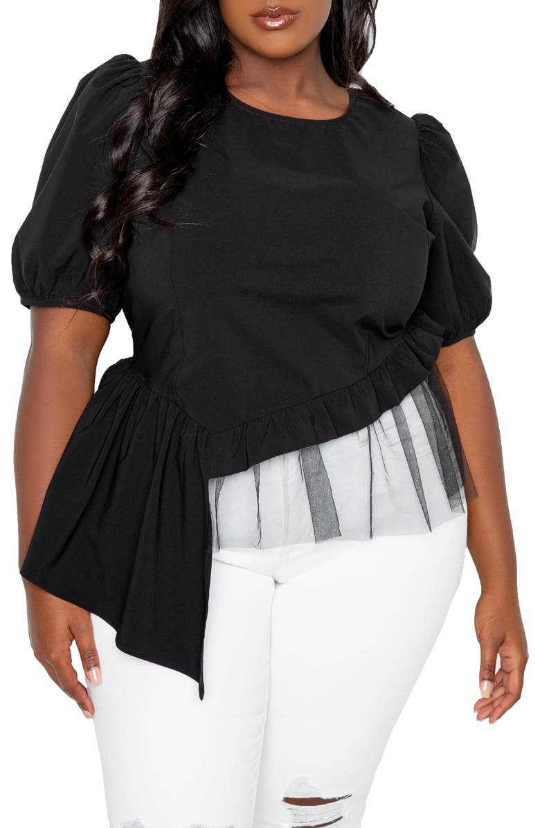BUXOM COUTURE Asymmetric Mesh Hem Peplum Blouse, Main, color,