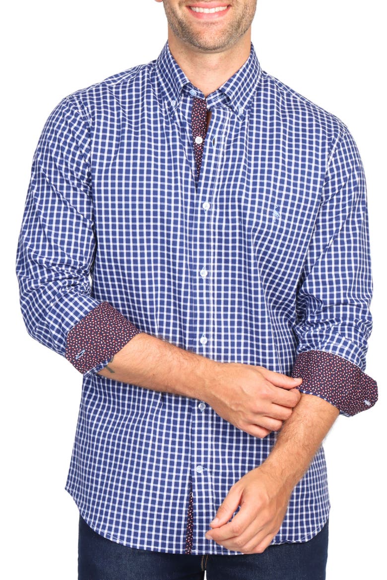 Regular Fit Windowpane Stretch Cotton Button-Down Shirt, Alternate, color, NAVY