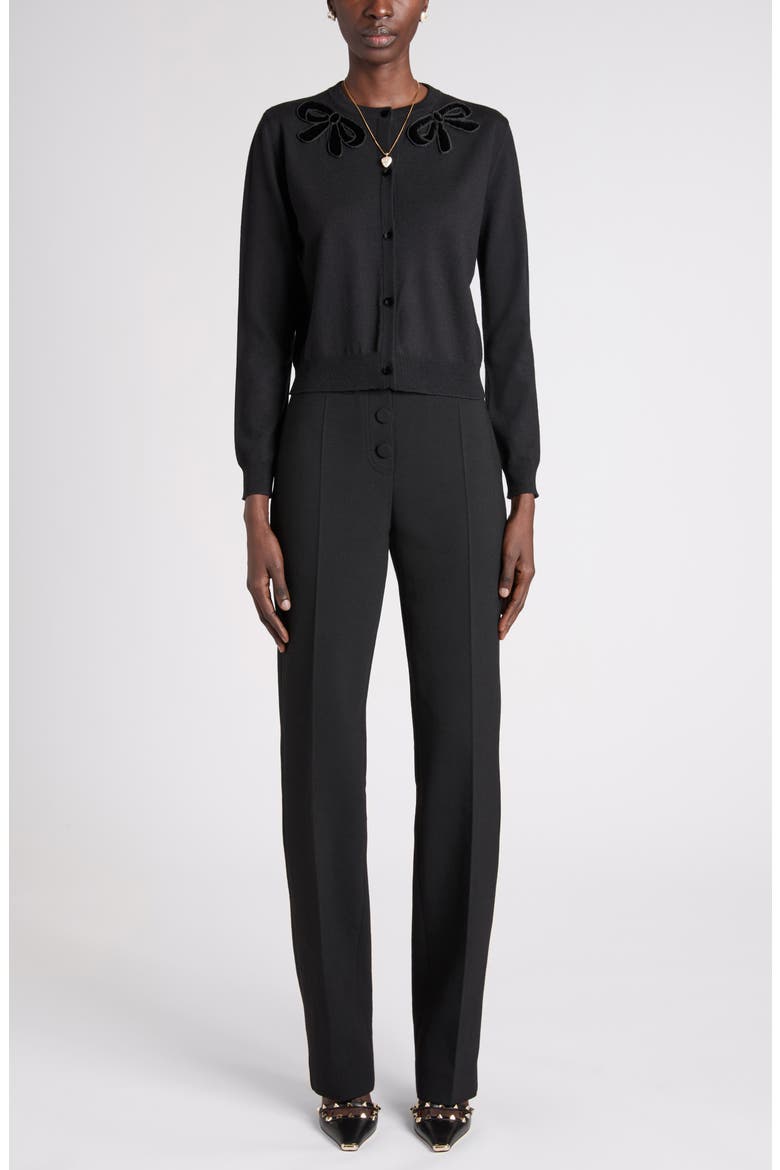 Embroidered Bow Appliqué Virgin Wool Cardigan, Alternate, color, BLACK