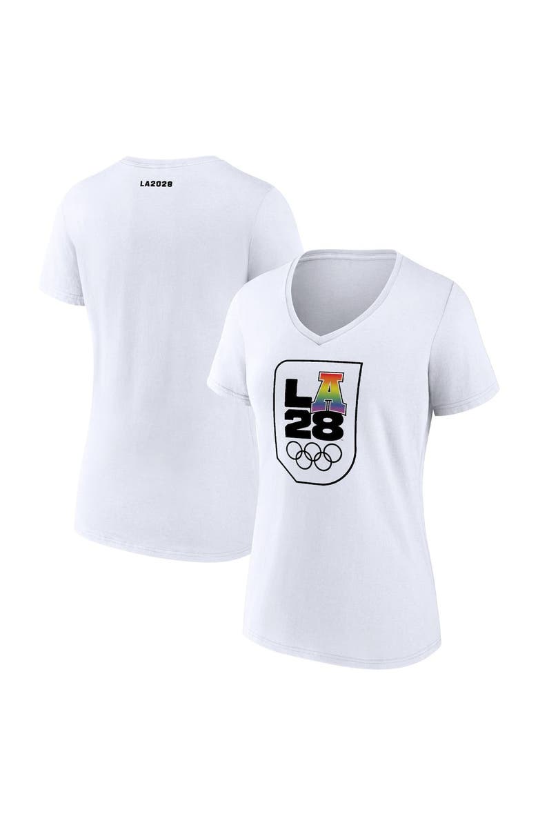 FANATICS Women's White LA 2028 Summer Olympics Pride V-Neck T-Shirt, Main, color, 