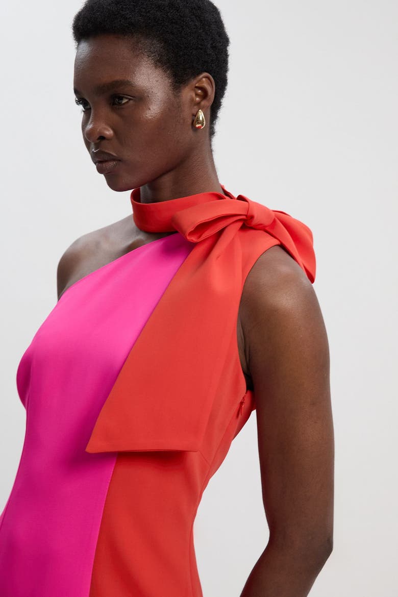 Soft Tailored Bow Tie-Neck Midi Dress, Alternate, color, Pink