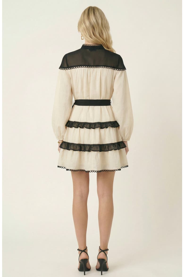 Contrast Trim Mini Dress with Waist Tie and Tiered Skirt, Alternate, color, White / Brown