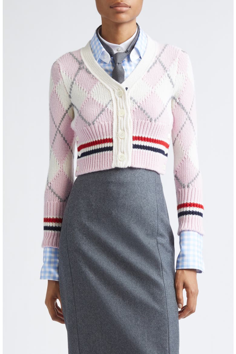 Argyle Intarsia Shrunken Virgin Wool Blend Cardigan, Main, color, LIGHT PINK