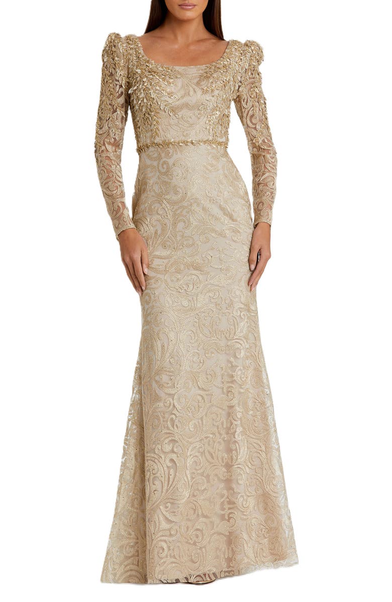 Mac Duggal Embroidered Applique Shoulder Detail Trumpet Gown, Main, color, Light Gold