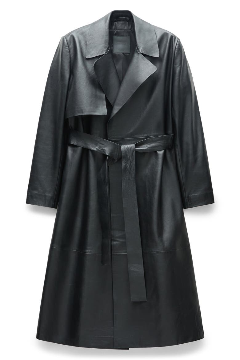 Tie Waist Leather Trench Coat, Alternate, color, BLACK