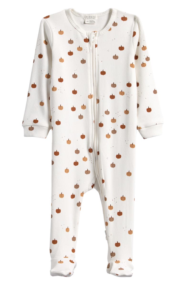 FIRSTS by Petit Lem Pumpkin Print Stretch Organic Cotton Footie, Main, color, Off White