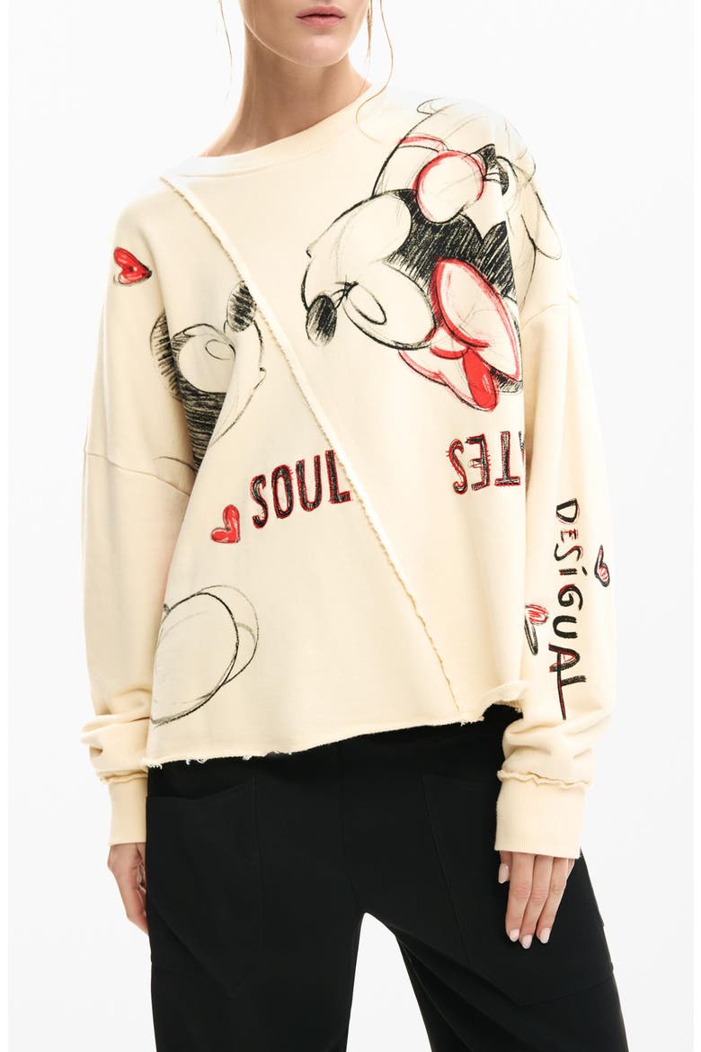 Mickey & Minnie Mouse Raw Seam Fleece Graphic Sweatshirt, Main, color, OFF WHITE