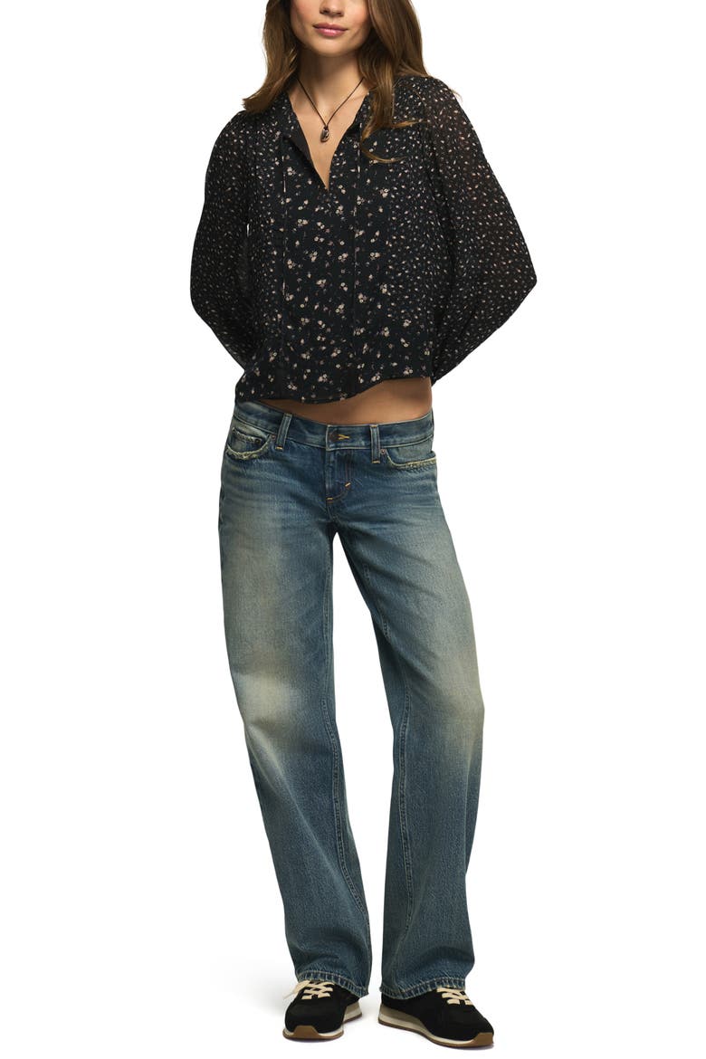 Print Tie Neck Crop Peasant Top, Alternate, color, BLACK PRINT MIX