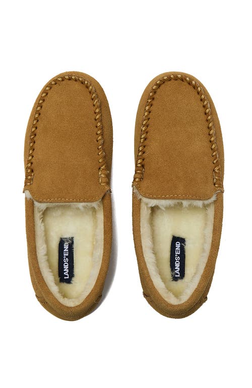 Lands' End Fuzzy Lined Suede Moccasin Slippers In English Tan Suede