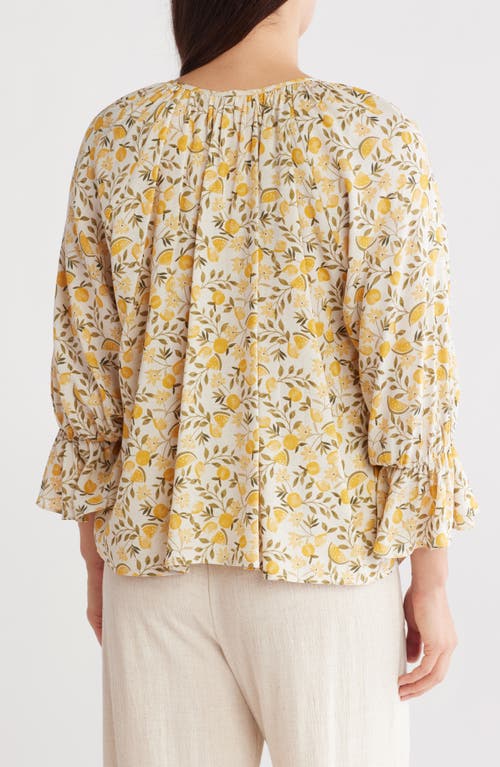 Renee C Lemon Print Tie Front Long Sleeve Top In Taupe