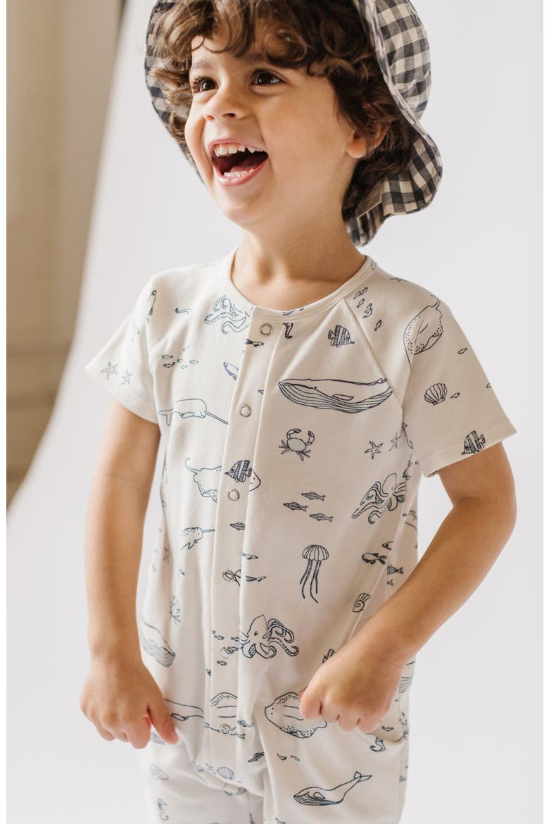 Print Short Sleeve Organic Cotton Romper, Alternate, color, LIFE AQUATIC