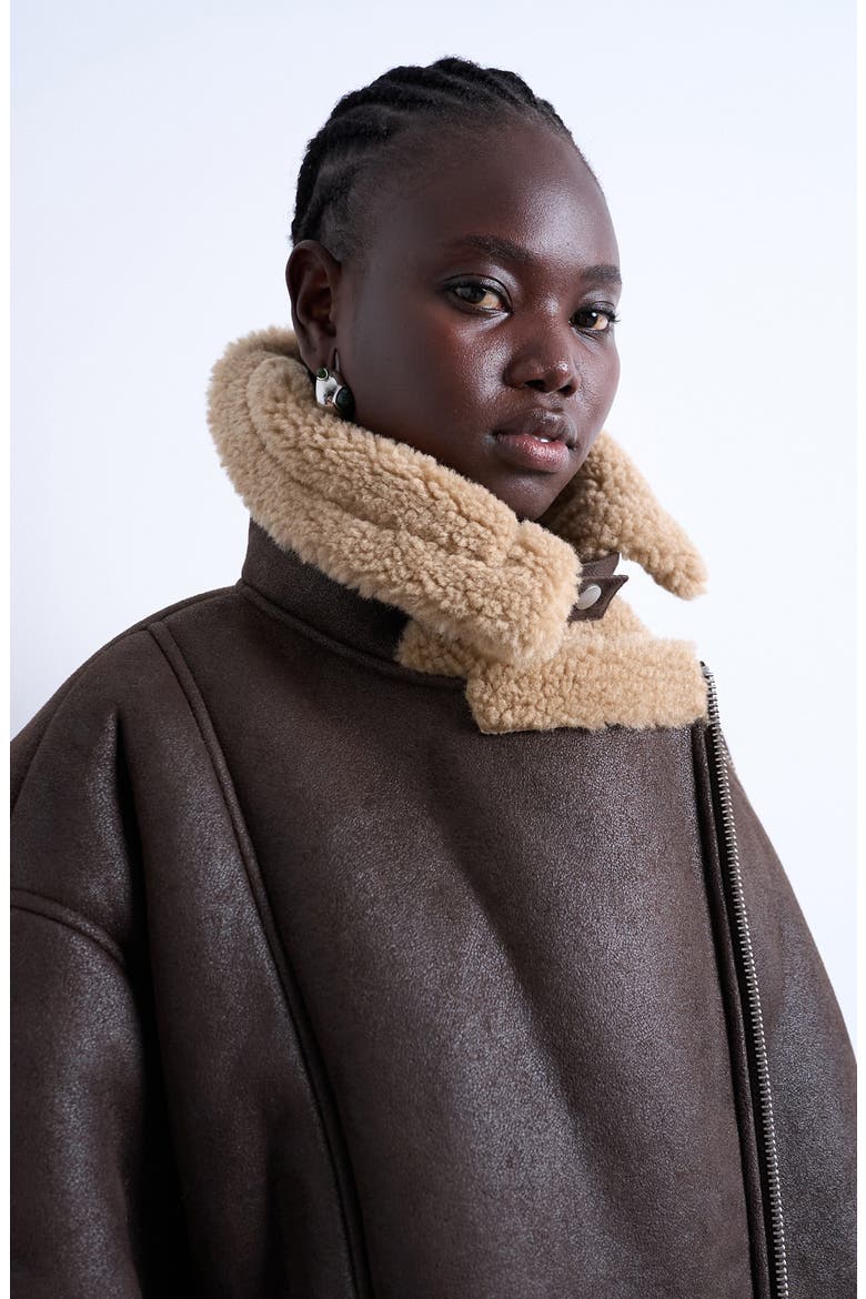 Faux Shearling Oversize Aviator Jacket, Alternate, color, BROWN