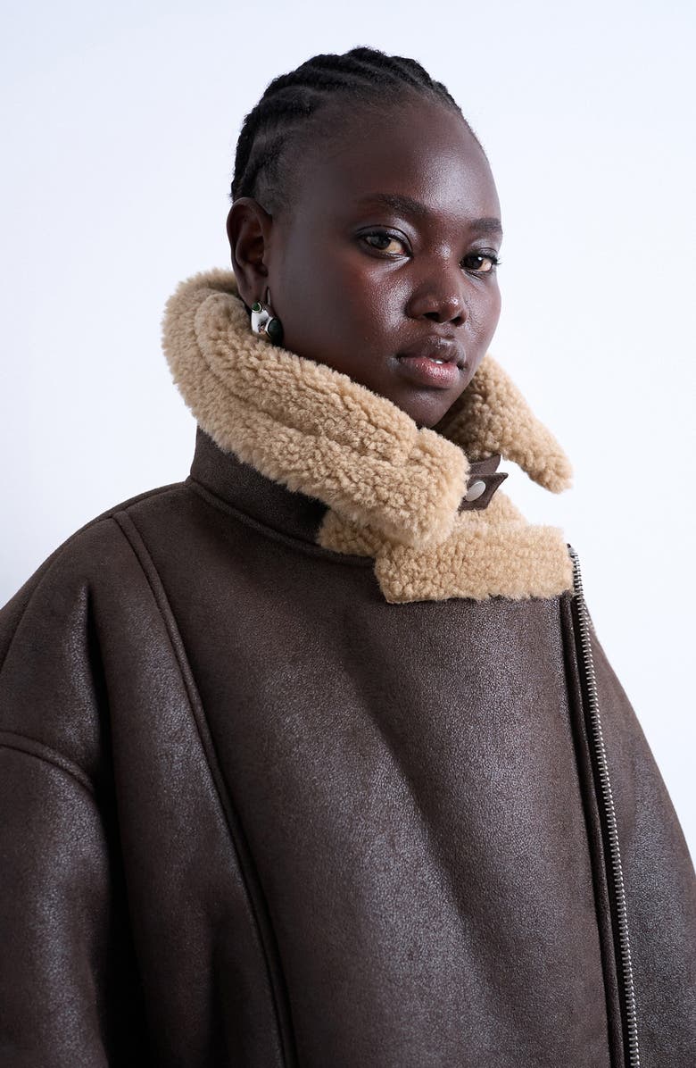 Topshop Faux Shearling Oversize Aviator Jacket, Alternate, color, Brown