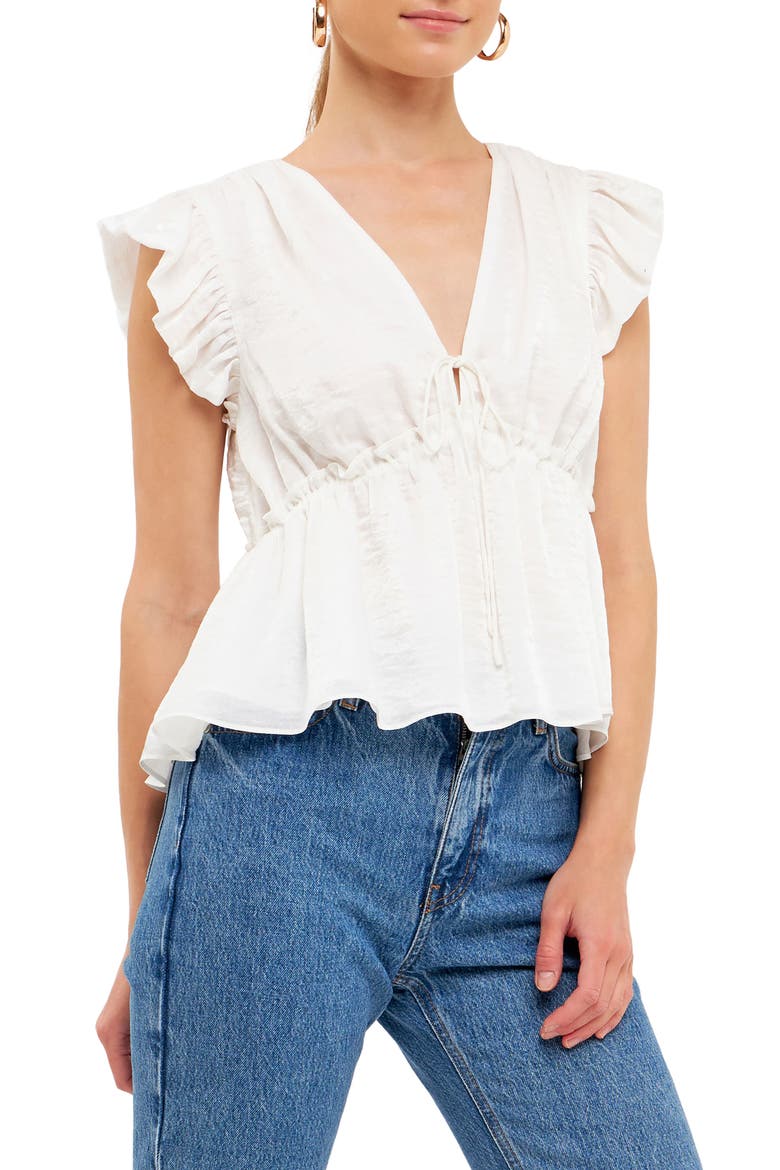Flutter Sleeve Tie Neck Blouse, Alternate, color, CREAM