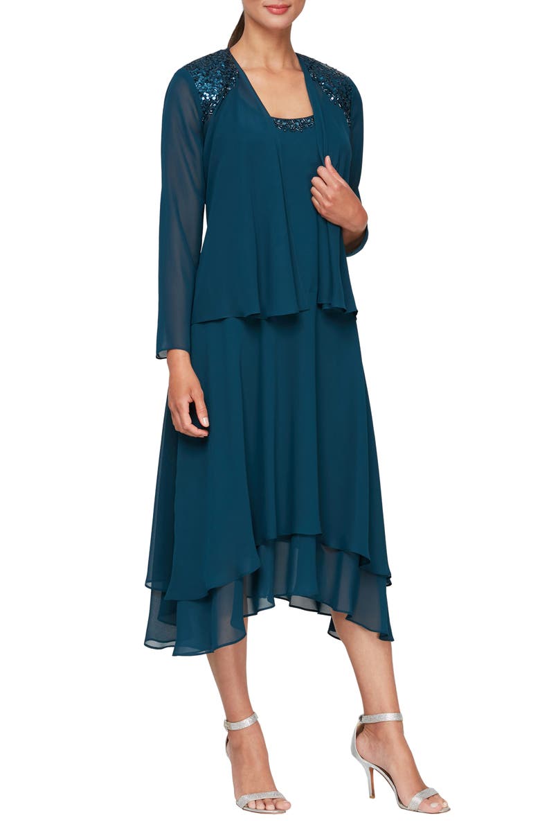 SL FASHIONS Sequin Beaded Dress & Jacket Set, Main, color, Mid Teal