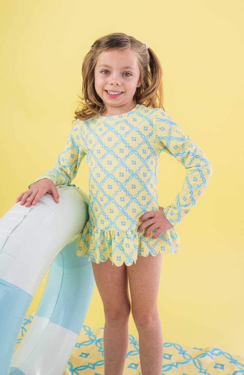 RuffleButts Kids' Banana Coastal Ruffle Long Sleeve Skirted UPF 50+ Rashguard, Alternate, color, Yellow