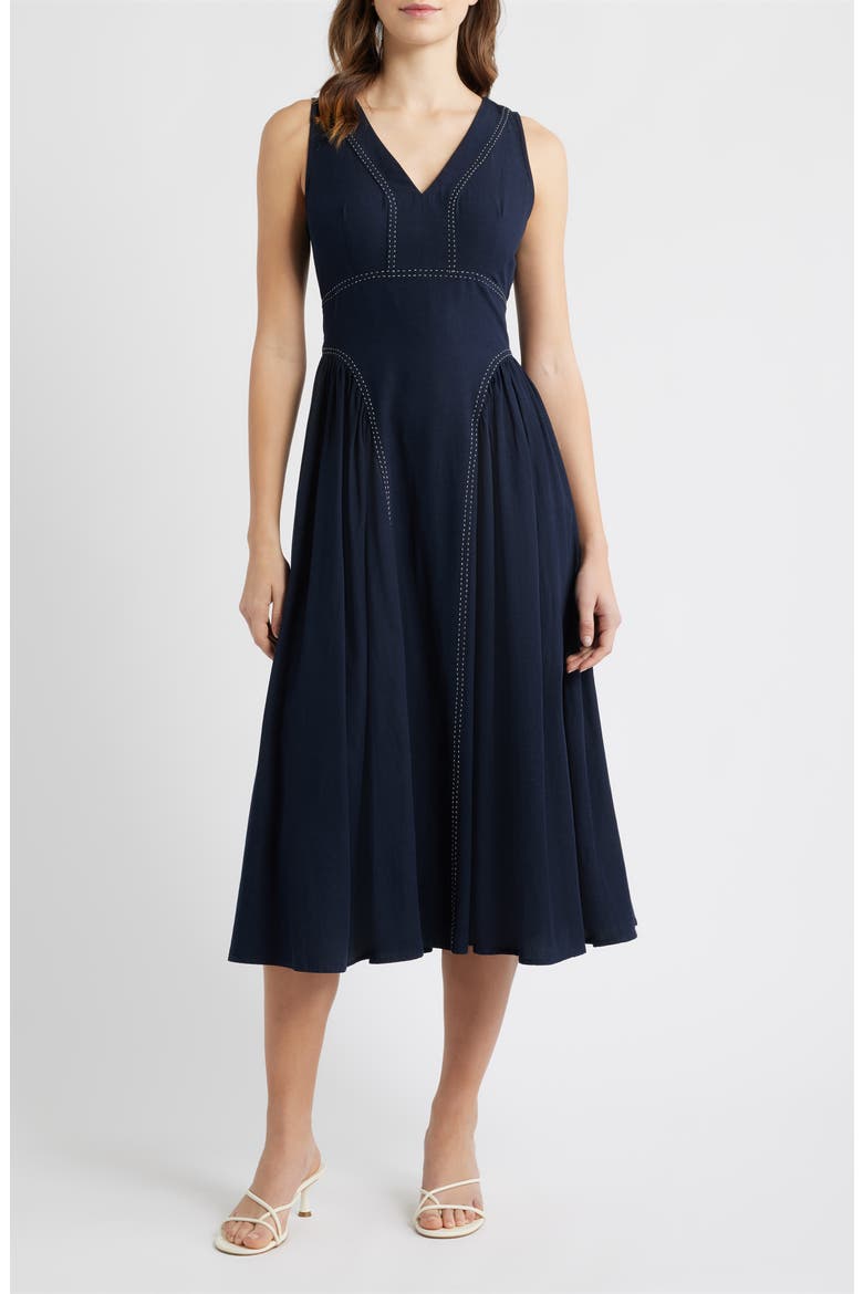 Contrast Stitch Sleeveless Tie Back Dress, Main, color, DARK NAVY