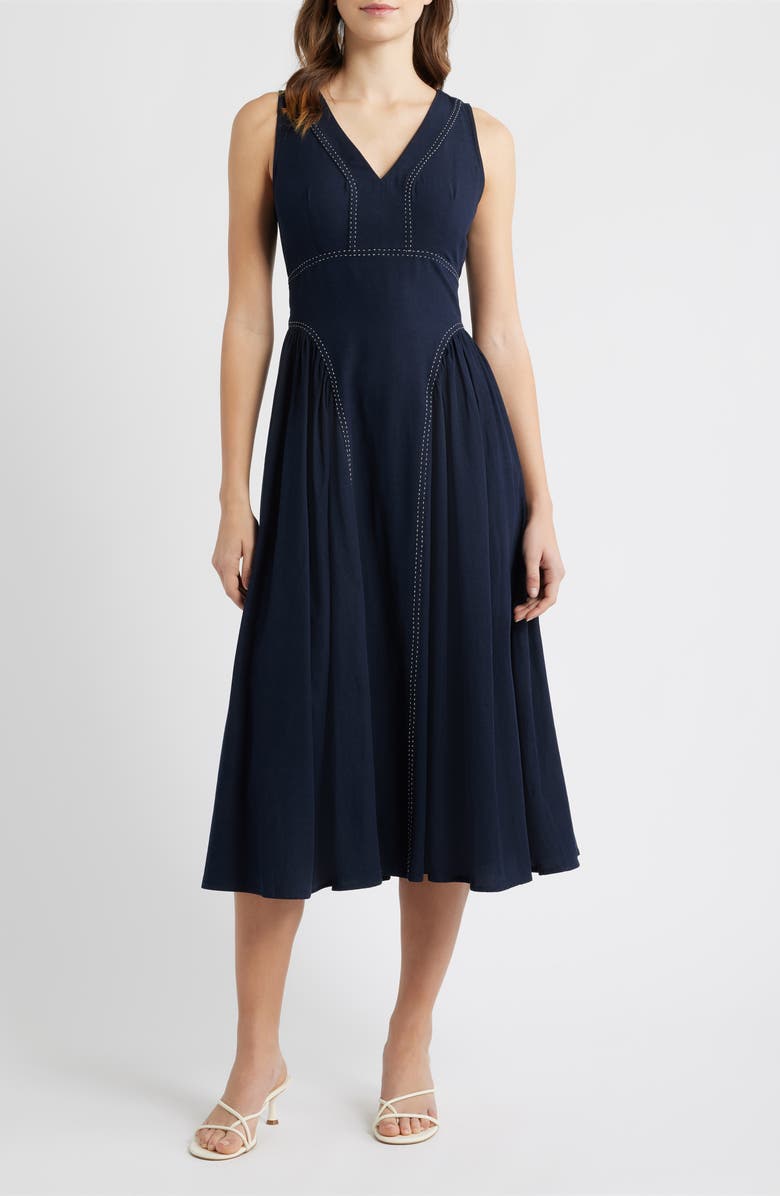MOON RIVER Contrast Stitch Sleeveless Tie Back Dress, Main, color, Dark Navy
