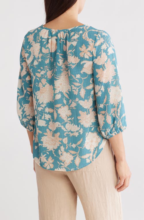 Renee C Floral Keyhole Balloon Sleeve Top In Blue