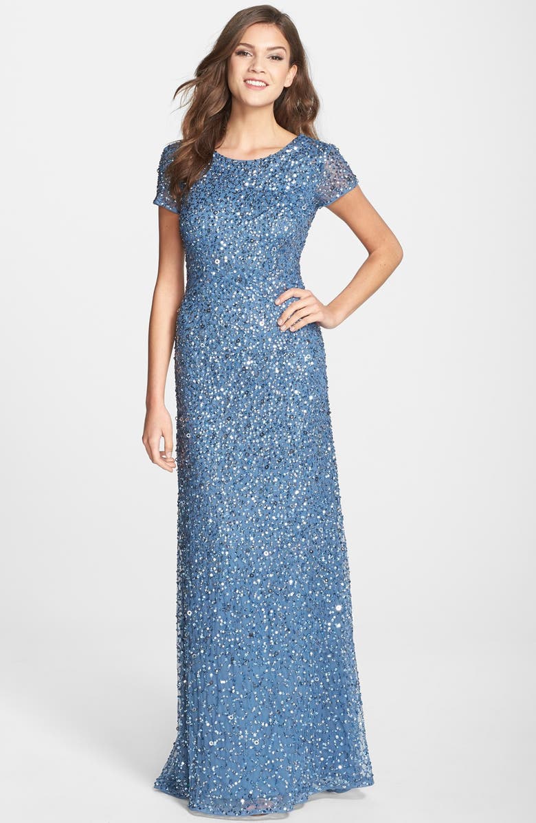 Adrianna Papell Women's Short Sleeve Sequined Gown Blue Size 8