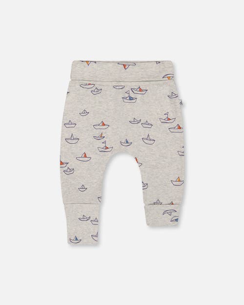 Deux Par Deux Baby Boy's Printed Organic Cotton Evolutive Pant Little Paper Boat In Heather Grey Little Paper Boat