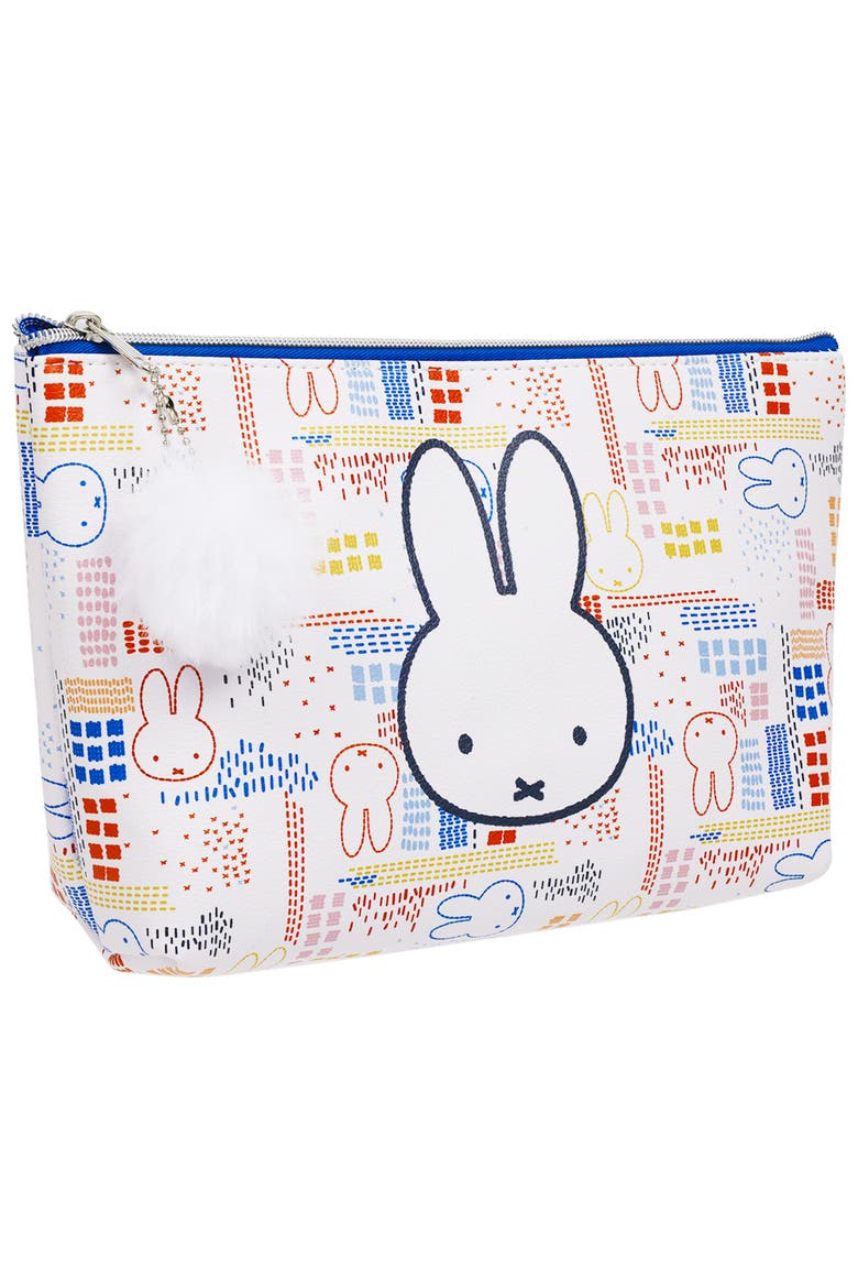 Allover Print Trapezoid Cosmetic Bag with Pom-Pom Charm, Alternate, color, Blue/White