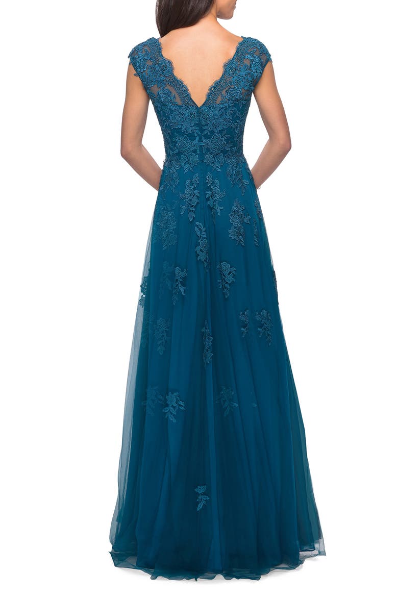 Short Sleeve Lace Gown with Cascading Embellishments, Alternate, color, TEAL