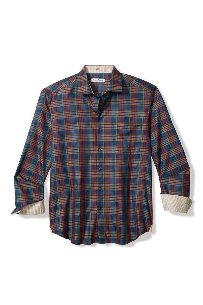 Bordeaux Plaid Cotton & Silk Button-Up Shirt, Main, color, DARK SANGRIA