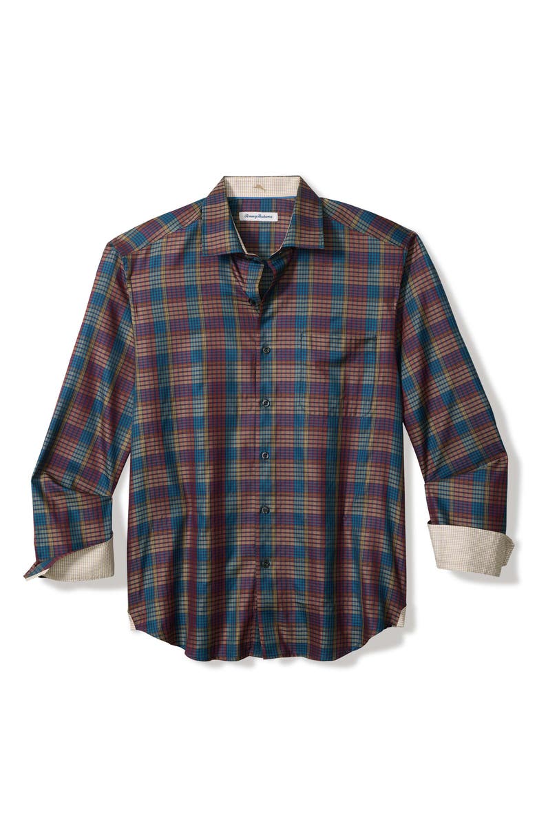 Tommy Bahama Bordeaux Plaid Cotton & Silk Button-Up Shirt, Main, color, Dark Sangria