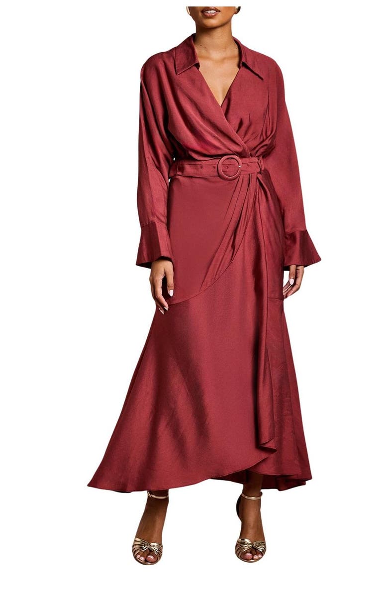 Coast Petite Long Sleeve Belted Wrap Dress, Alternate, color, Burgundy