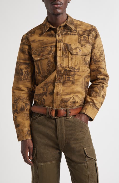 Double Rl Ranch Print Cotton Moleskin Button-up Shirt In Brown