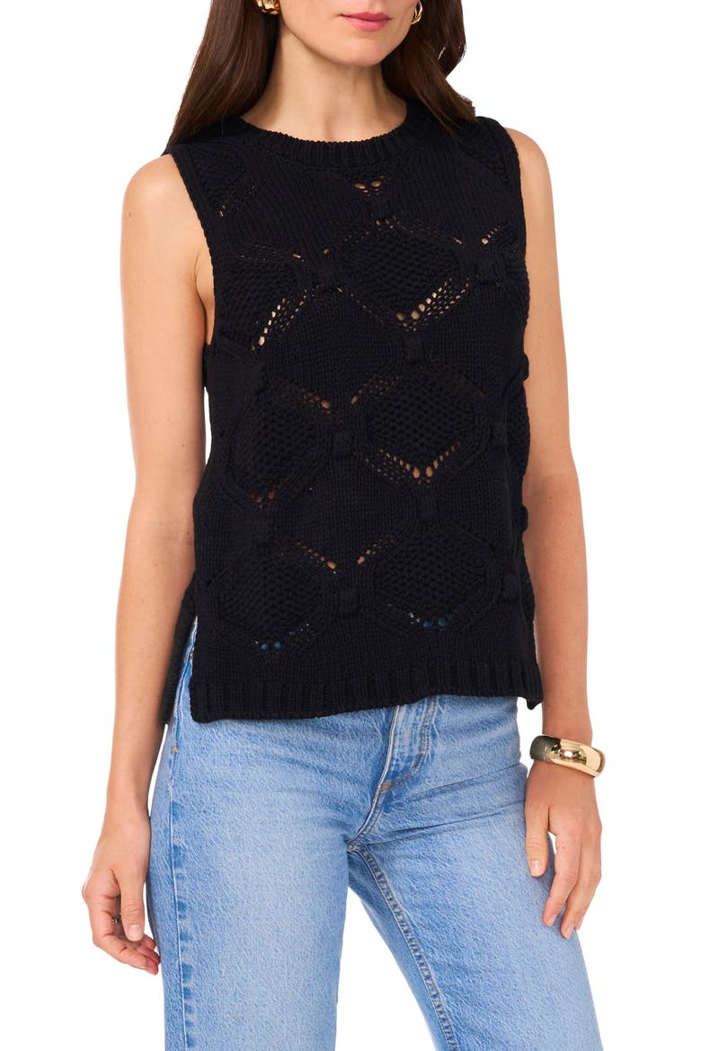 Open Stitch Sleeveless Cotton Blend Sweater, Main, color, RICH BLACK