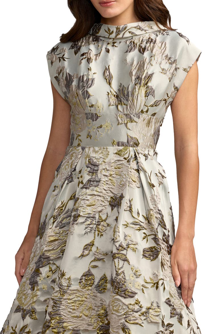 Floral Mock Neck Brocade Cap Sleeve Ball Gown, Alternate, color, Platinum Multi