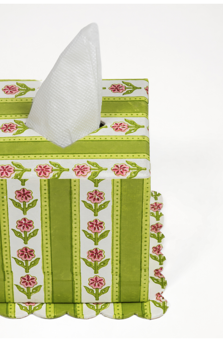 Inner Child Cottage Garden Blockprint Scallop Tissue Box Cover, Alternate, color, Green