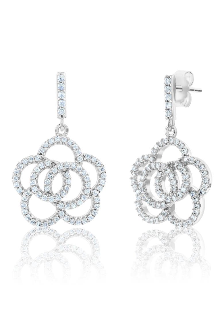 Sterling Silver Pavé Cubic Zirconia Flower Drop Earrings, Main, color, WHITE