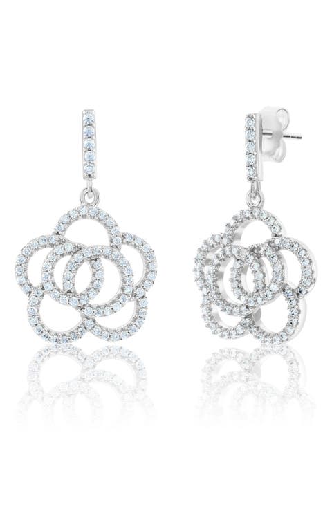 Sterling Silver Pavé Cubic Zirconia Flower Drop Earrings