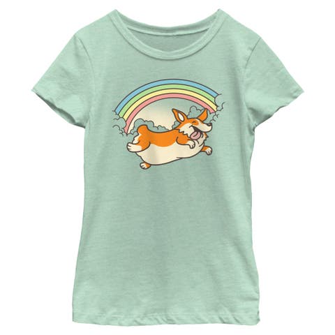 Girl's Lost Gods Cloudy Rainbow Corgi  Graphic T-Shirt
