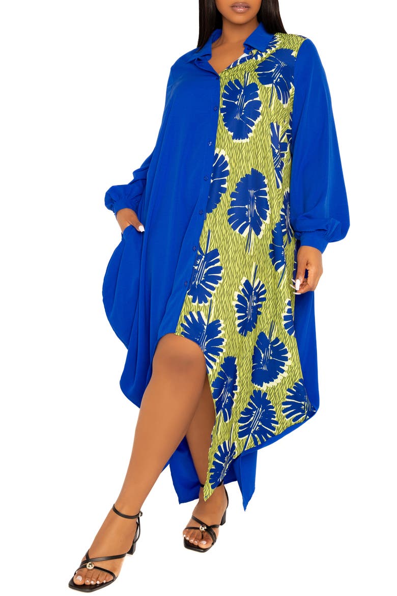 Solid & Print Long Sleeve Asymmetric Maxi Shirtdress, Alternate, color, BLUE MULTI
