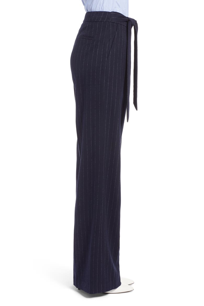 Tie Waist Wide Leg Stretch Crepe Pants, Alternate, color, NAVY CHALK STRIPE