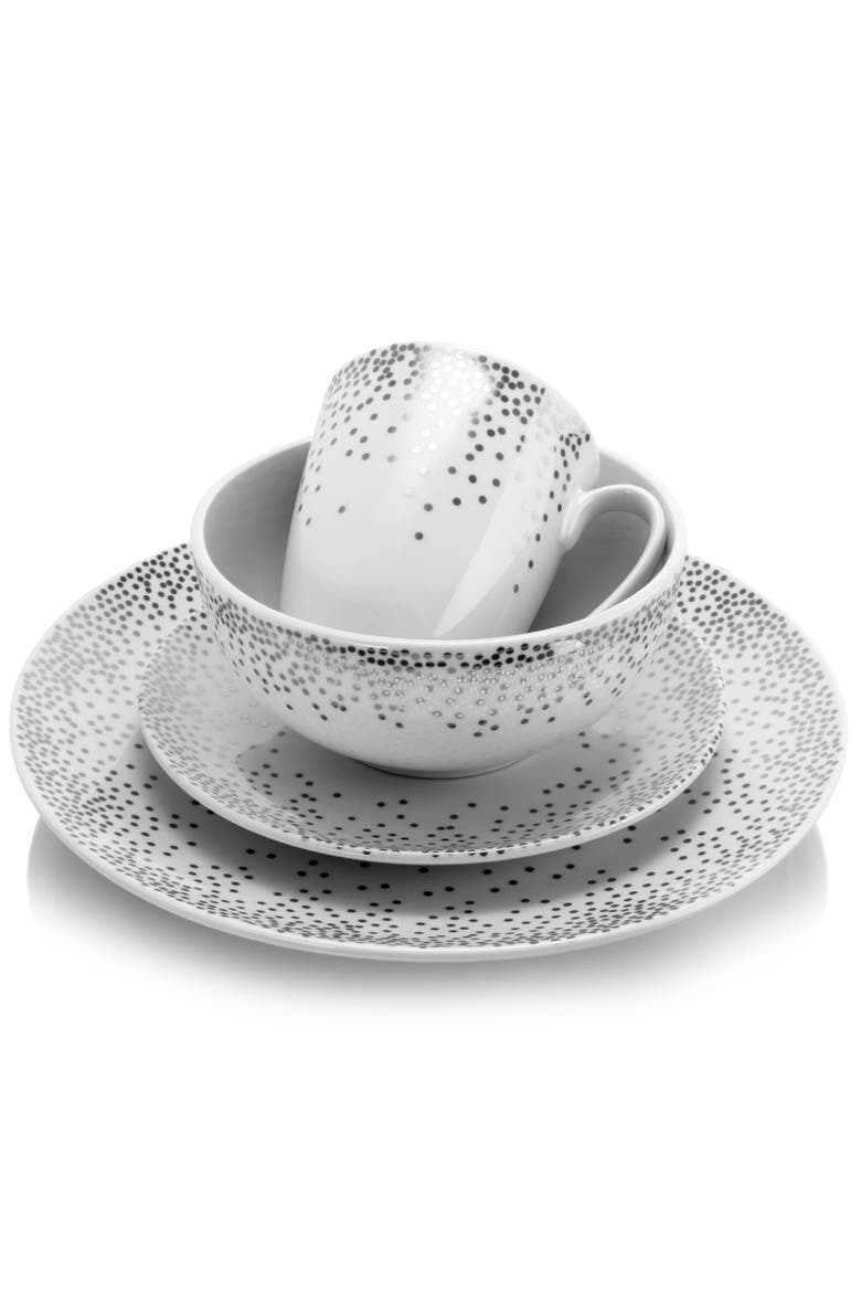 Platinum Dots 16 Piece Round Ceramic Dinnerware Set, Alternate, color, Silver
