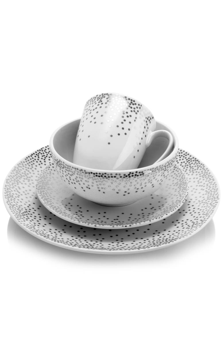 Gibson Platinum Dots 16 Piece Round Ceramic Dinnerware Set, Alternate, color, Silver