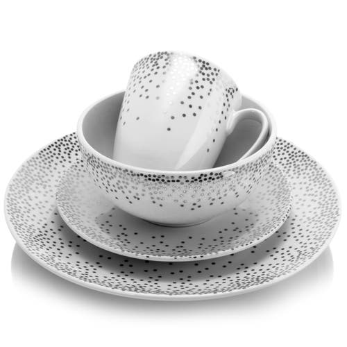 Gibson Platinum Dots 16 Piece Round Ceramic Dinnerware Set In Silver