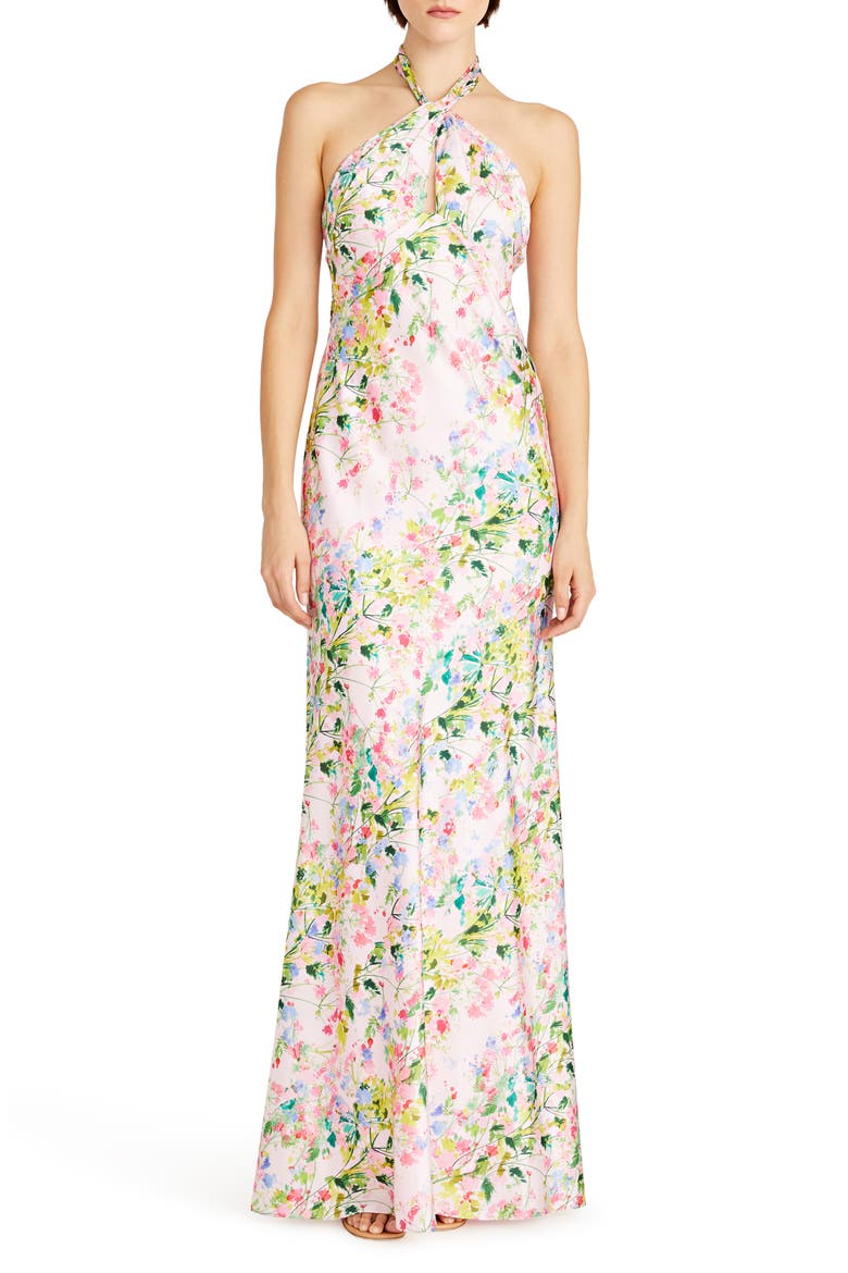 Rose Halter Satin Gown, Main, color, IVORY/ WILDROSE